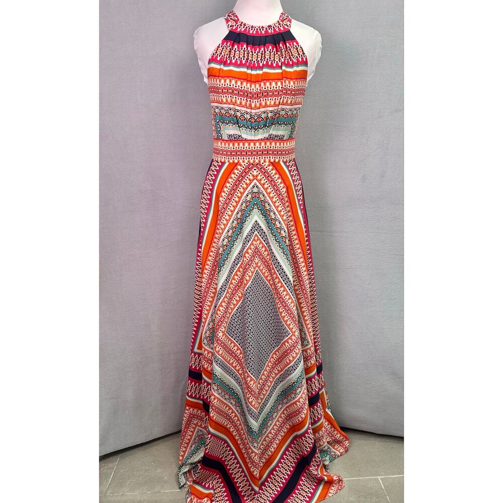 Eliza J Scarf Print Crepe De Chine Maxi Dress Keyhole Tie Pleated Boho Size 4 - Picture 2 of 13